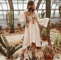 Extended Sleeve Flower Stitched Cotton Bohemian Dress