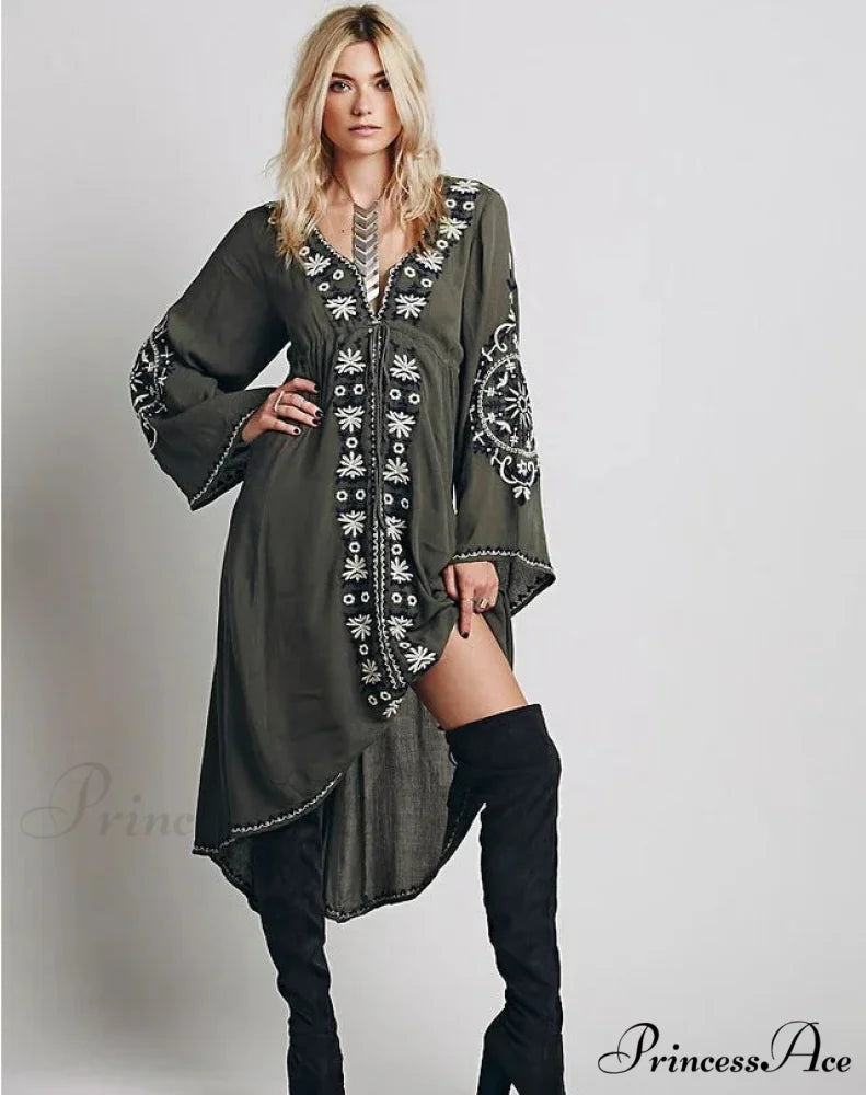 Extended Sleeve Flower Stitched Cotton Bohemian Dress