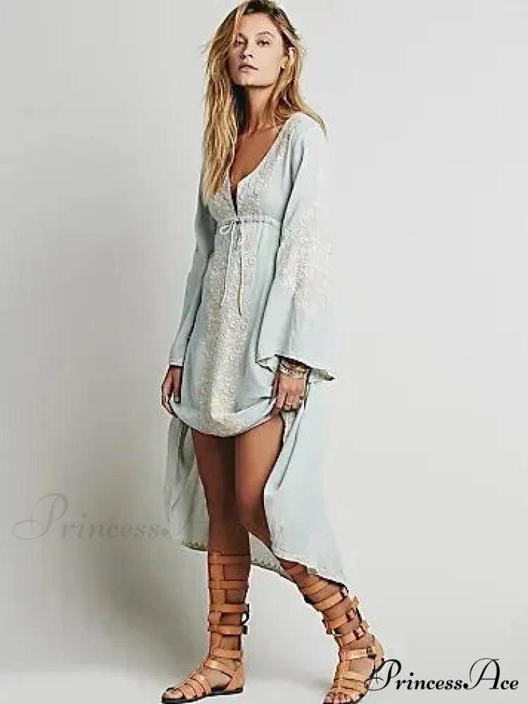 Extended Sleeve Flower Stitched Cotton Bohemian Dress