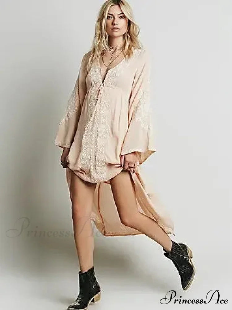 Extended Sleeve Flower Stitched Cotton Bohemian Dress