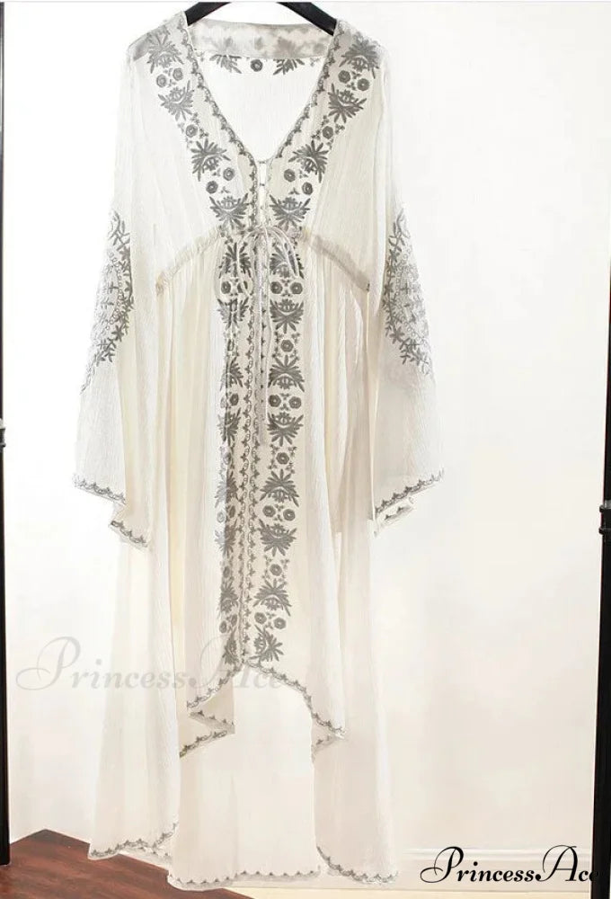 Extended Sleeve Flower Stitched Cotton Bohemian Dress