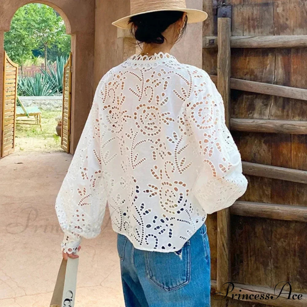 Extended Sleeve V-Neck Empty Out Flowered Lace Boho Top