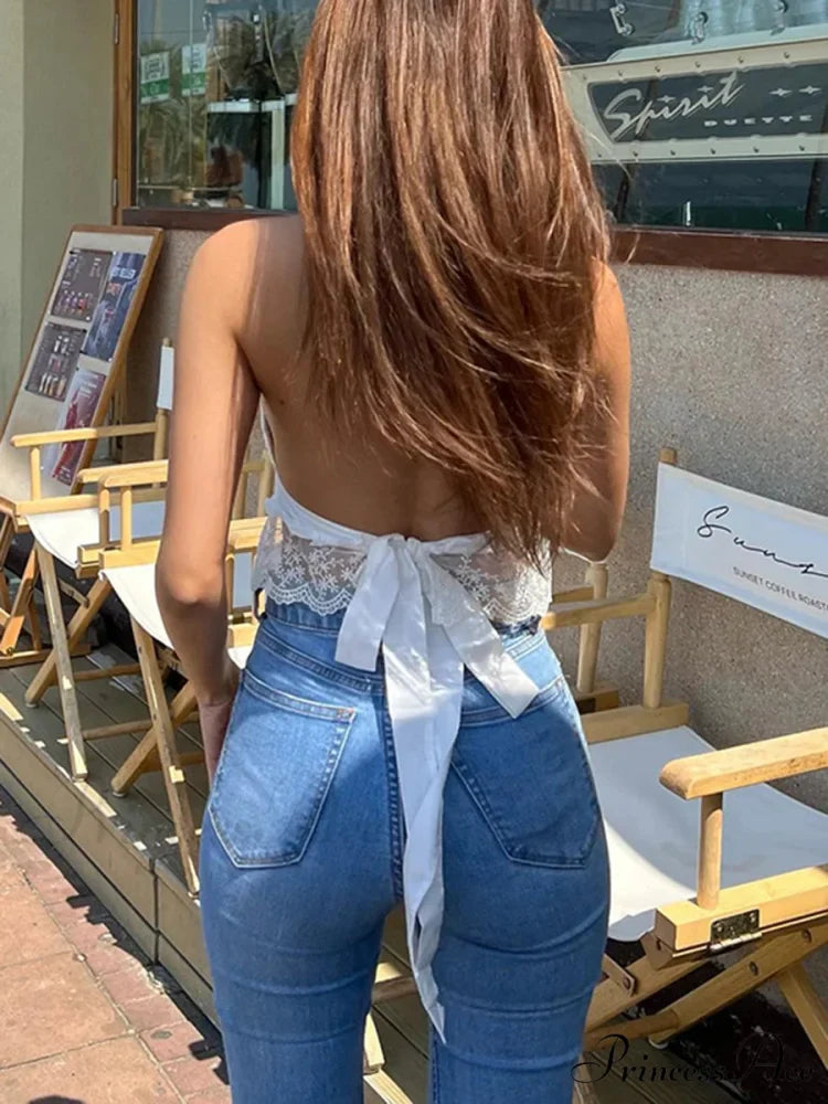 Eyelet Embroidery Halter Lace Frill Open-back Crop Top