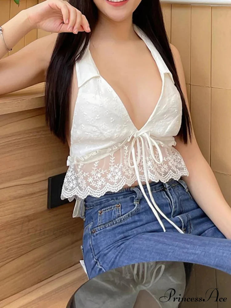 Eyelet Embroidery Halter Lace Frill Open-back Crop Top