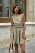 Cotton Linen Tank Pleated Skirt Set