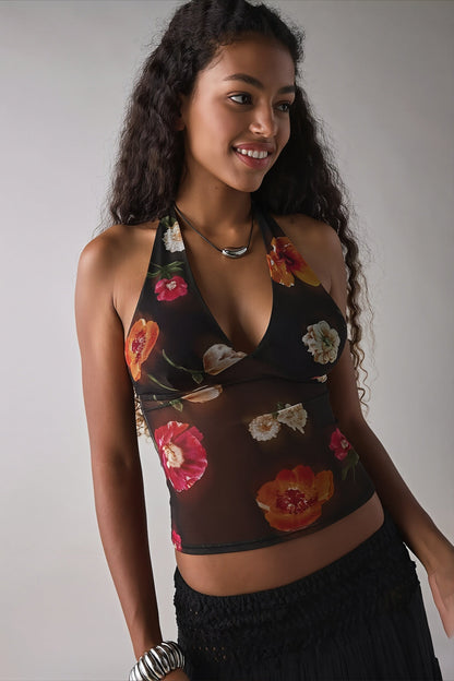 Stylish Printed Mesh Sexy Halter Top