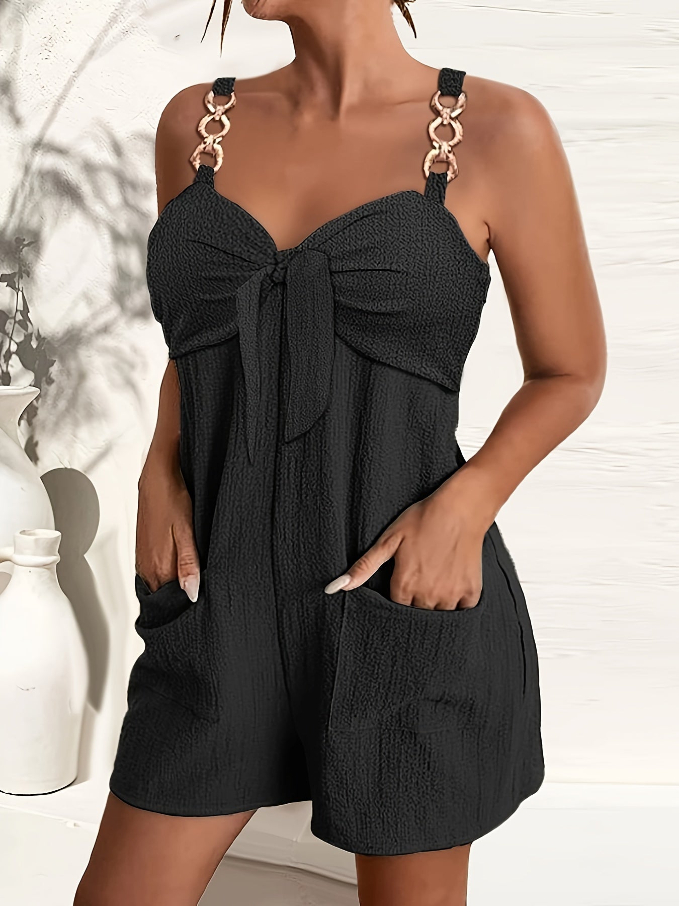 Chain Strap Bow Front Sweetheart Neck Textured Short Romper