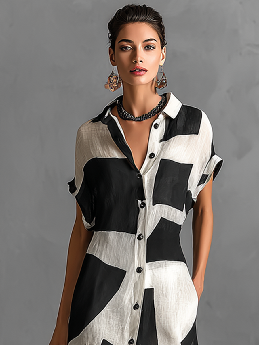 Geometric Print Button Down Short Sleeve Linen Maxi Dress