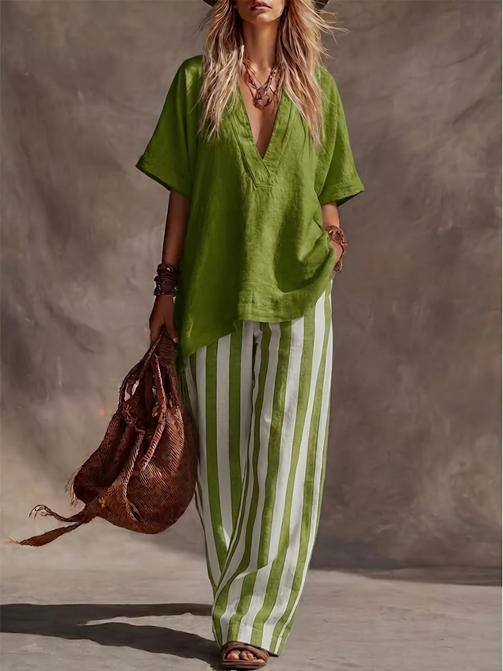 Linen V Neck Short Sleeve Top and Striped Wide Leg Pants Set