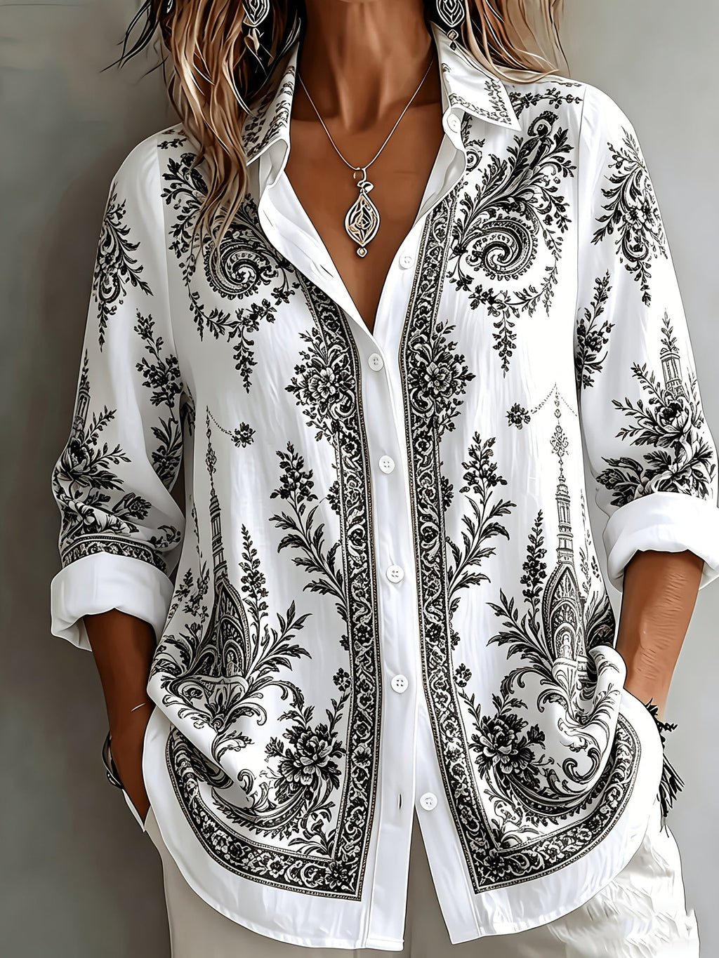 Floral Paisley Print Long Sleeve Oversized Casual Blouse