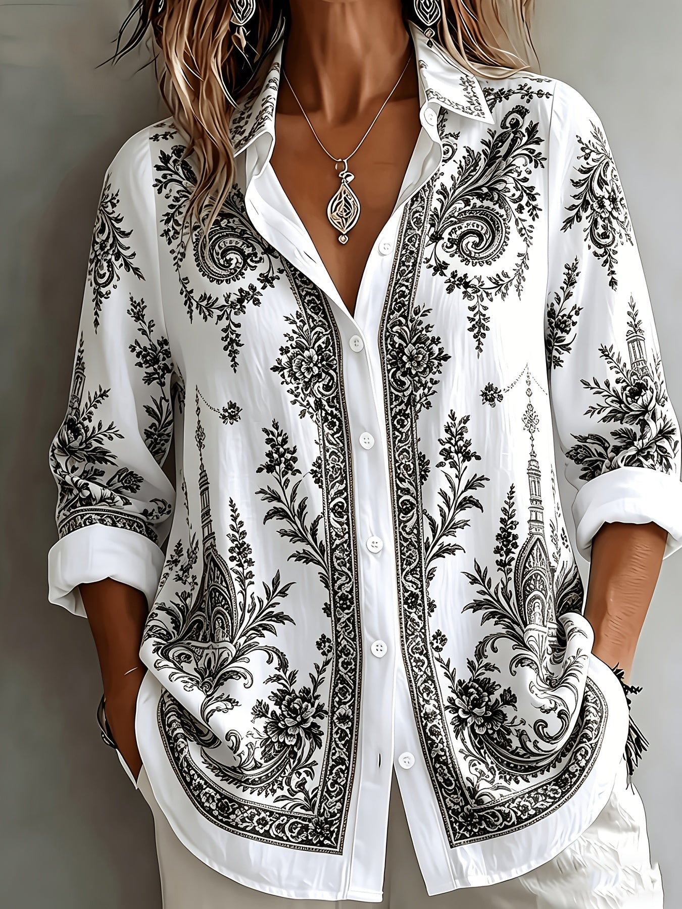 Floral Paisley Print Long Sleeve Oversized Casual Blouse