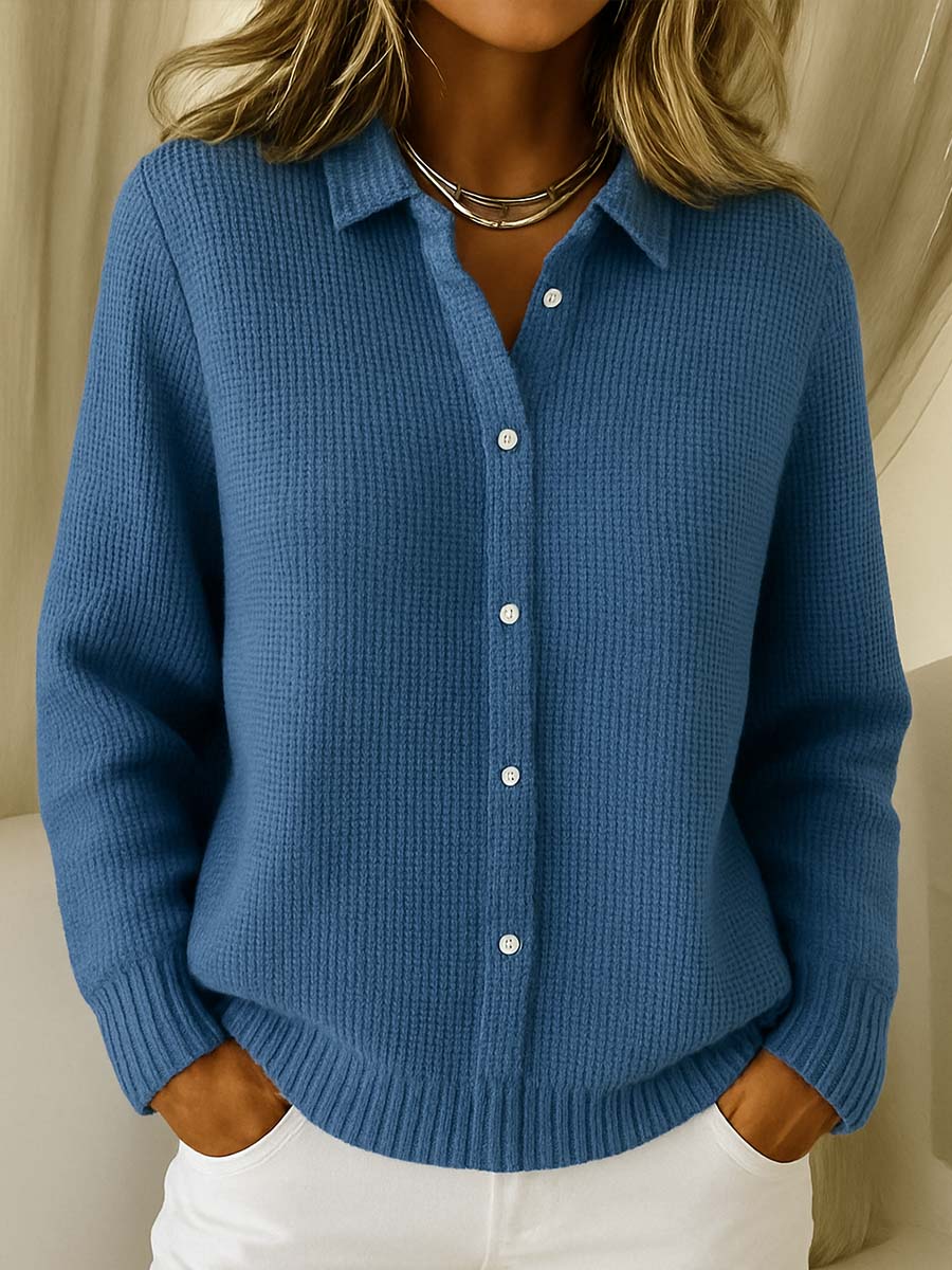Elise | Women's Waffle Knit Button-Up Collar Cardigan, Long Sleeve Shirt Style