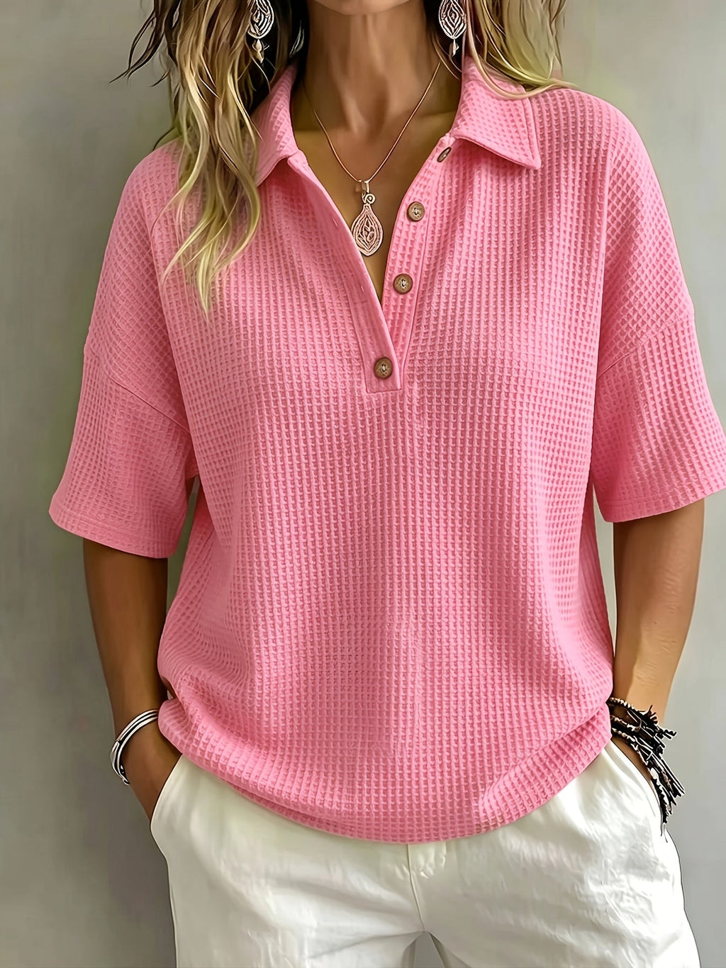Oversized Waffle Knit Polo Top for Casual Style