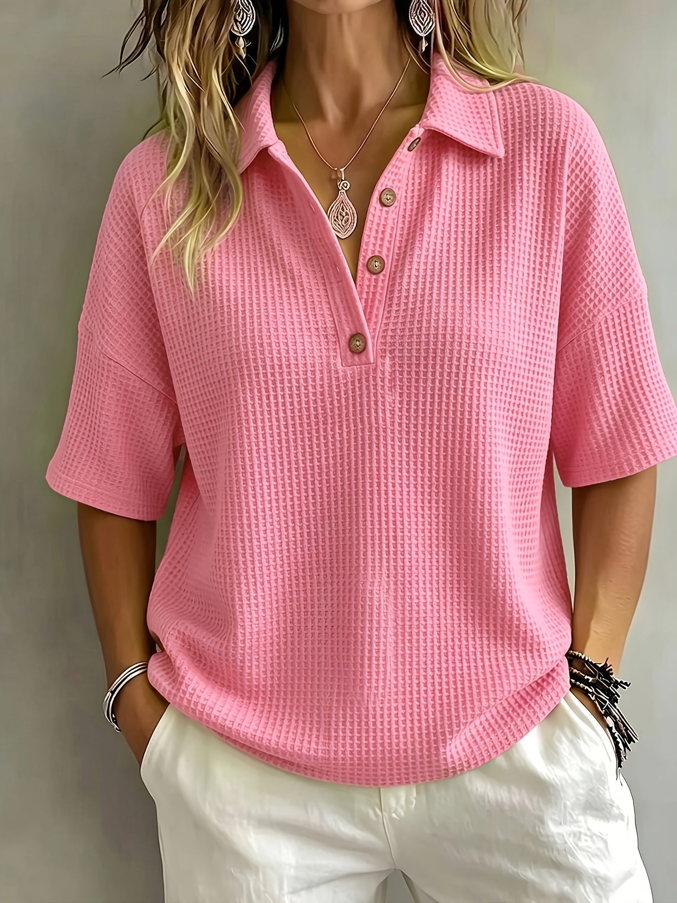 Oversized Waffle Knit Polo Top for Casual Style