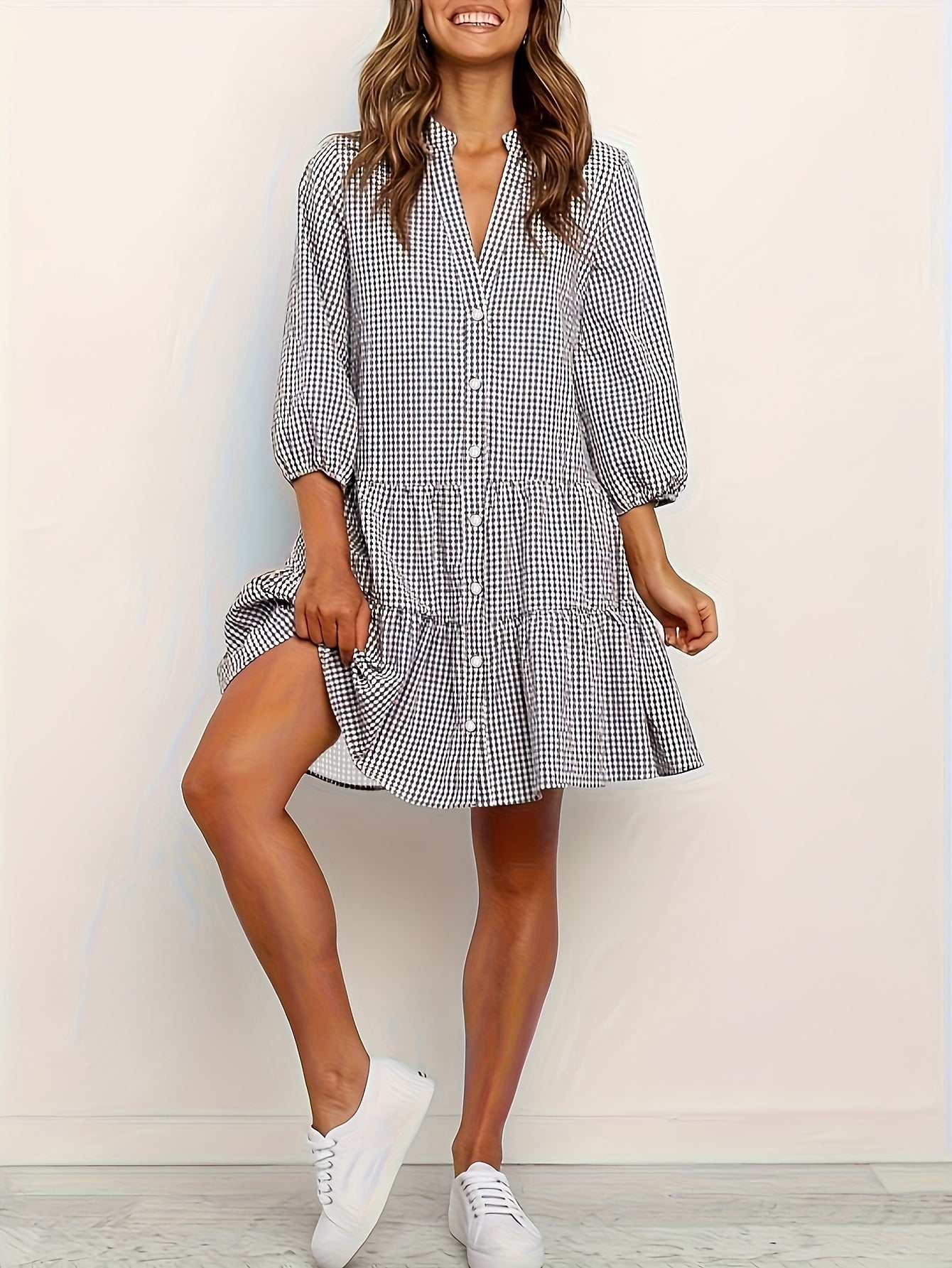 Gingham Check Button Front Tiered Ruffle Hem Mini Dress