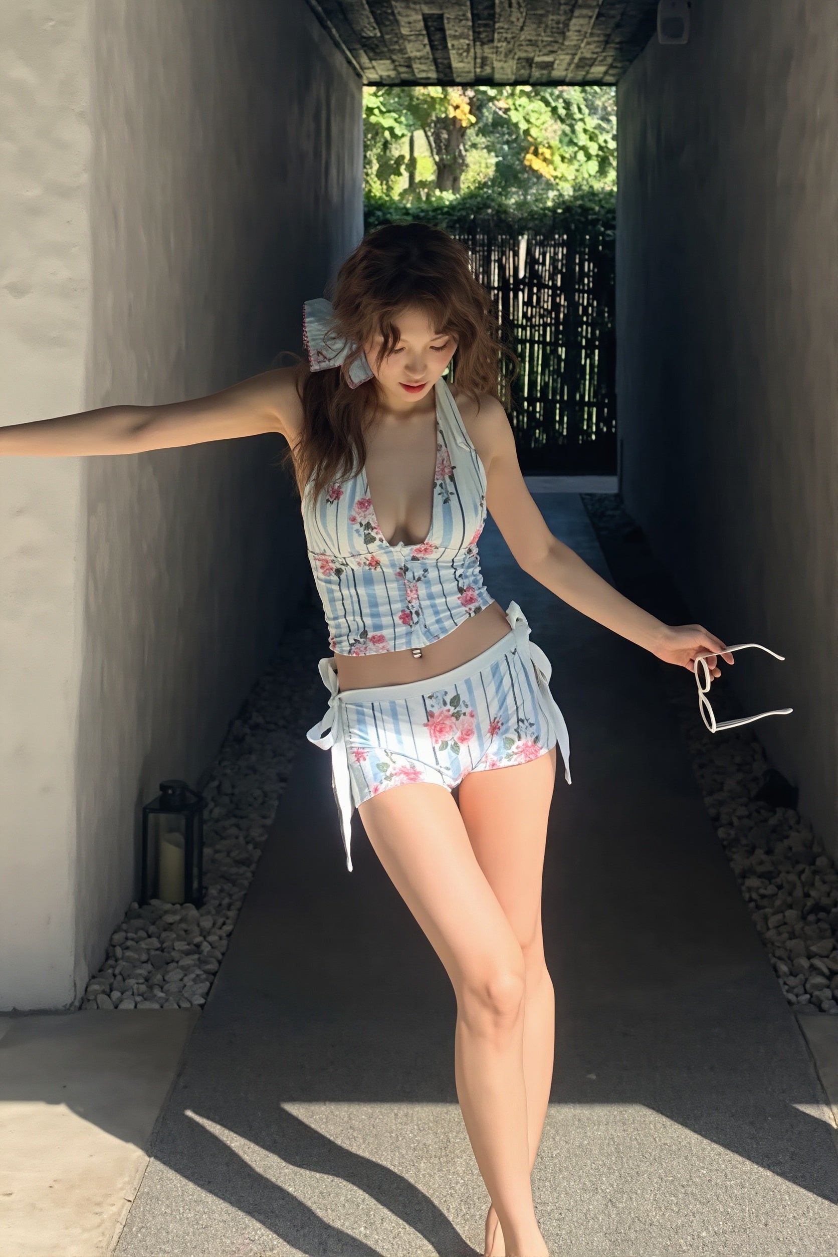 Striped Floral Halter Two Piece Swim Set