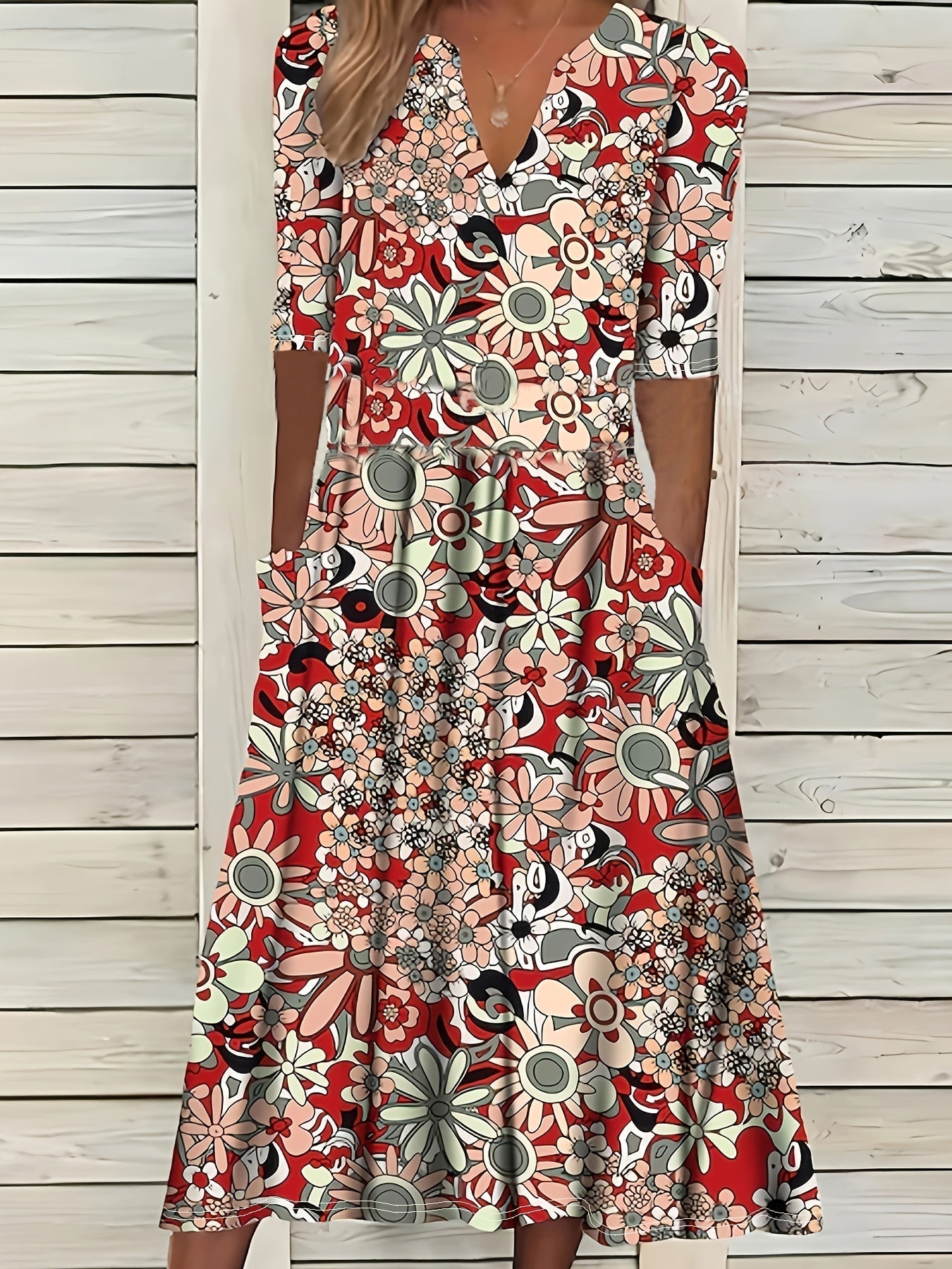 Gabi-Elegant Floral Print V-Neck Midi Dress