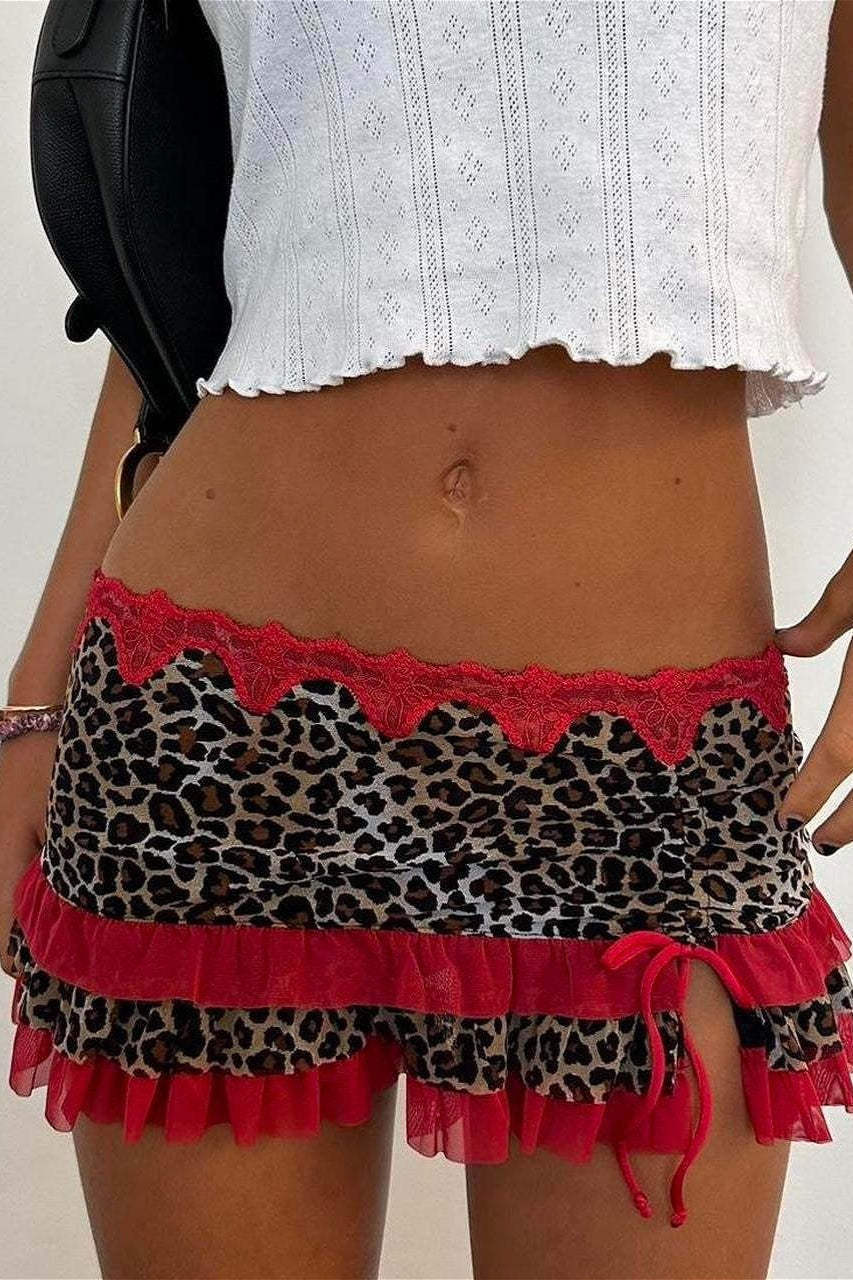 Ruched Lace Color Block Leopard Skirt