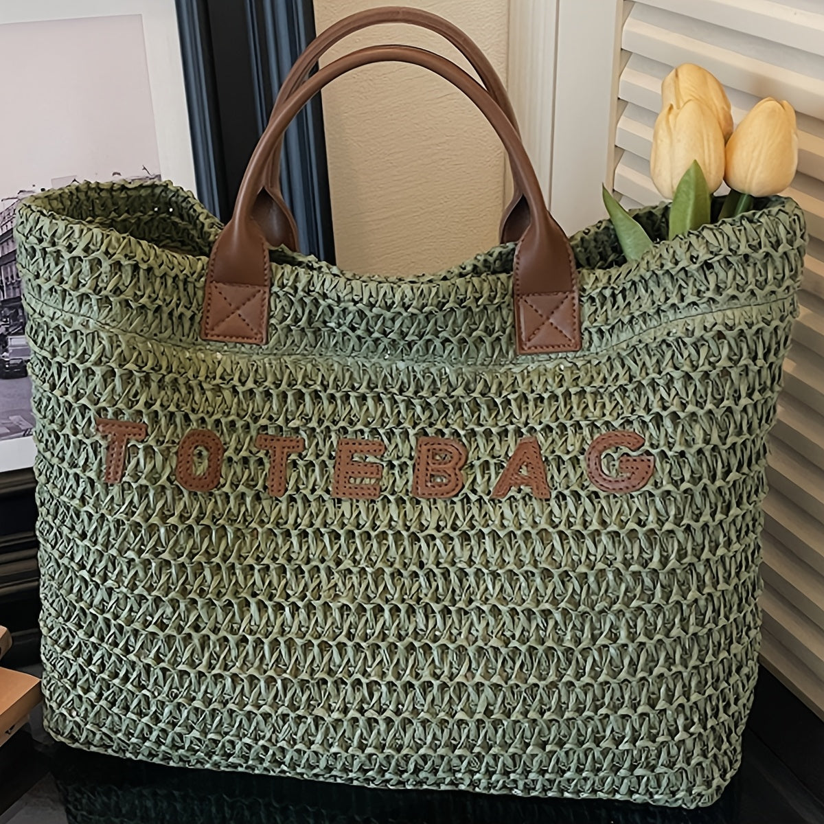 Large Woven Tote Bag with Leather Handles