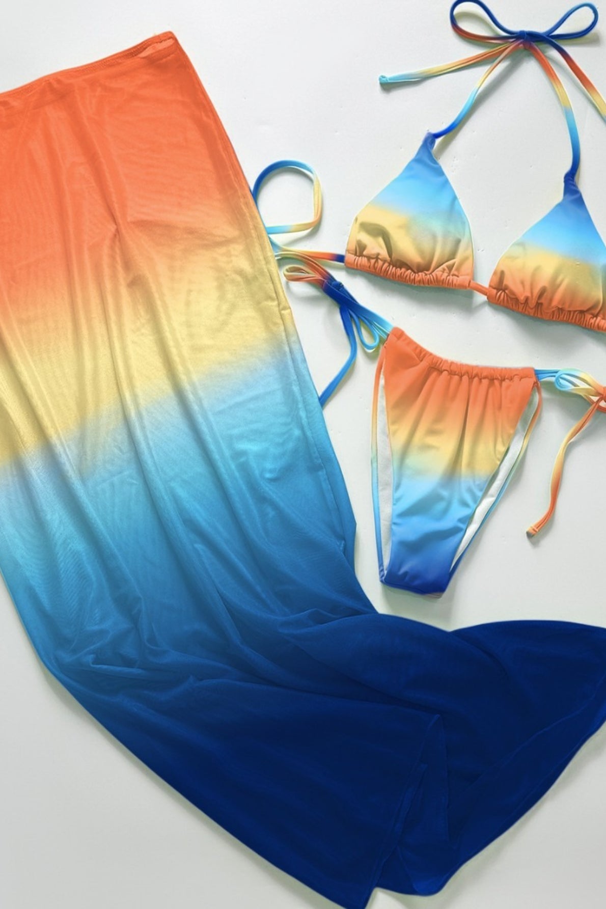 Ombre Halter Backless Three Piece Swim Set