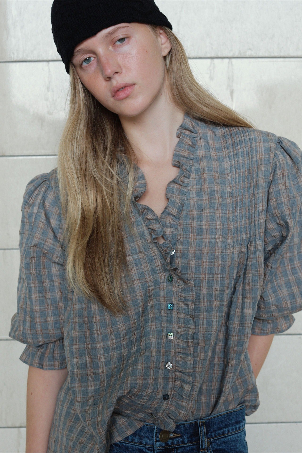 Casual Plaid Ruffle Long Sleeve Blouse