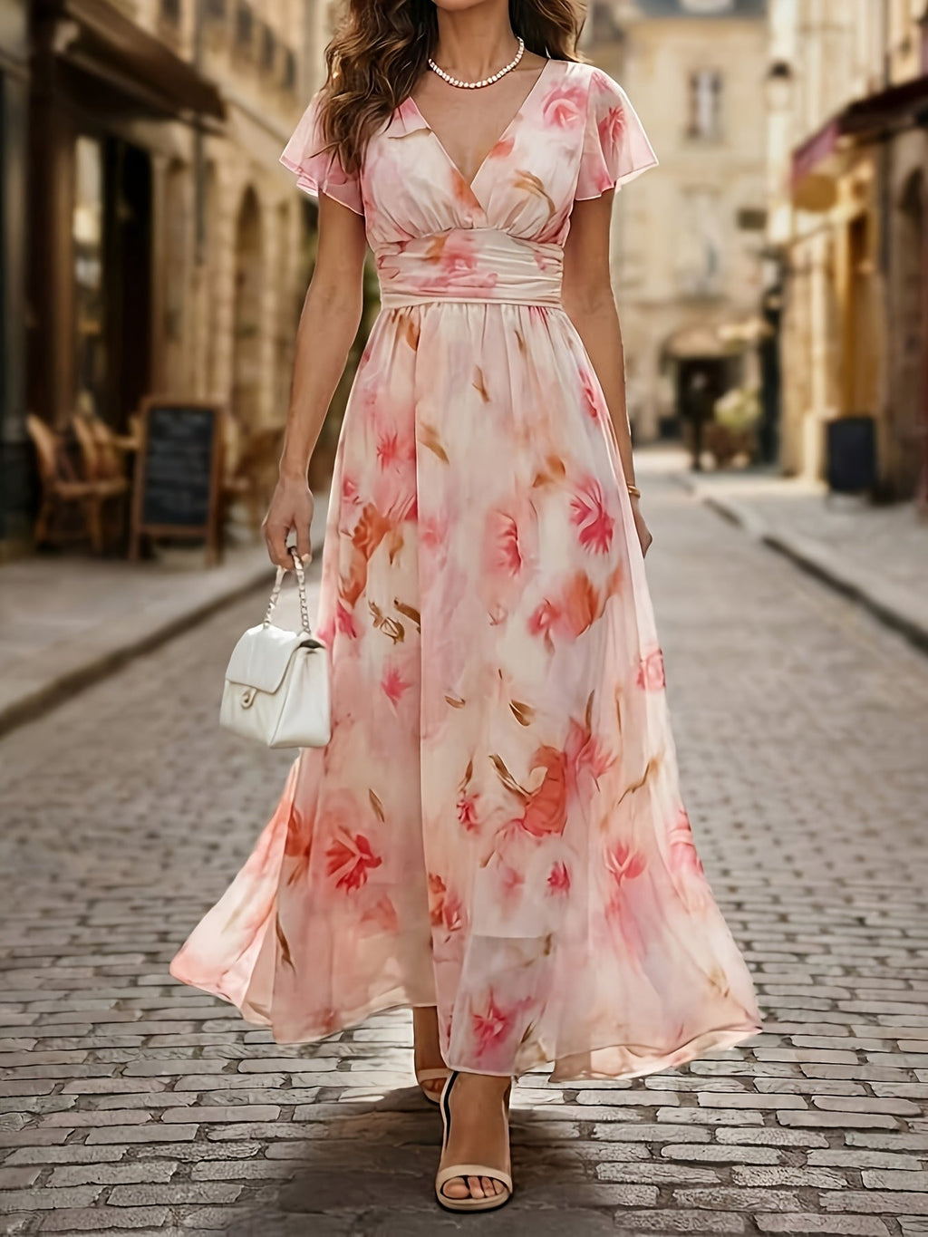 Floral Flutter Sleeve Deep V Neck Flowy Maxi Dress - Wedding Guest
