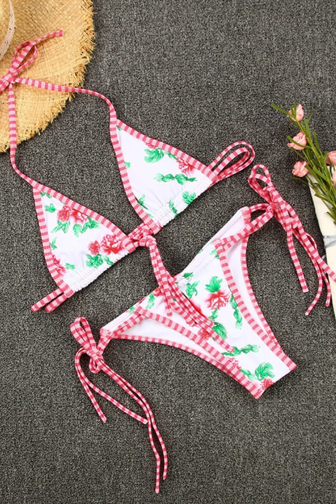 Colorblock Printed Tie Two Piece Swim Set