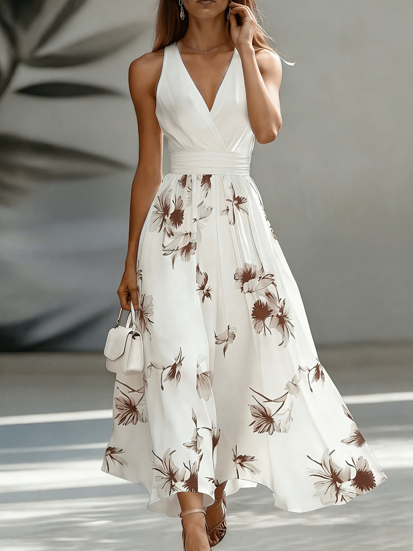 Floral Wrap V Neck Sleeveless A Line Maxi Dress - Wedding Guest