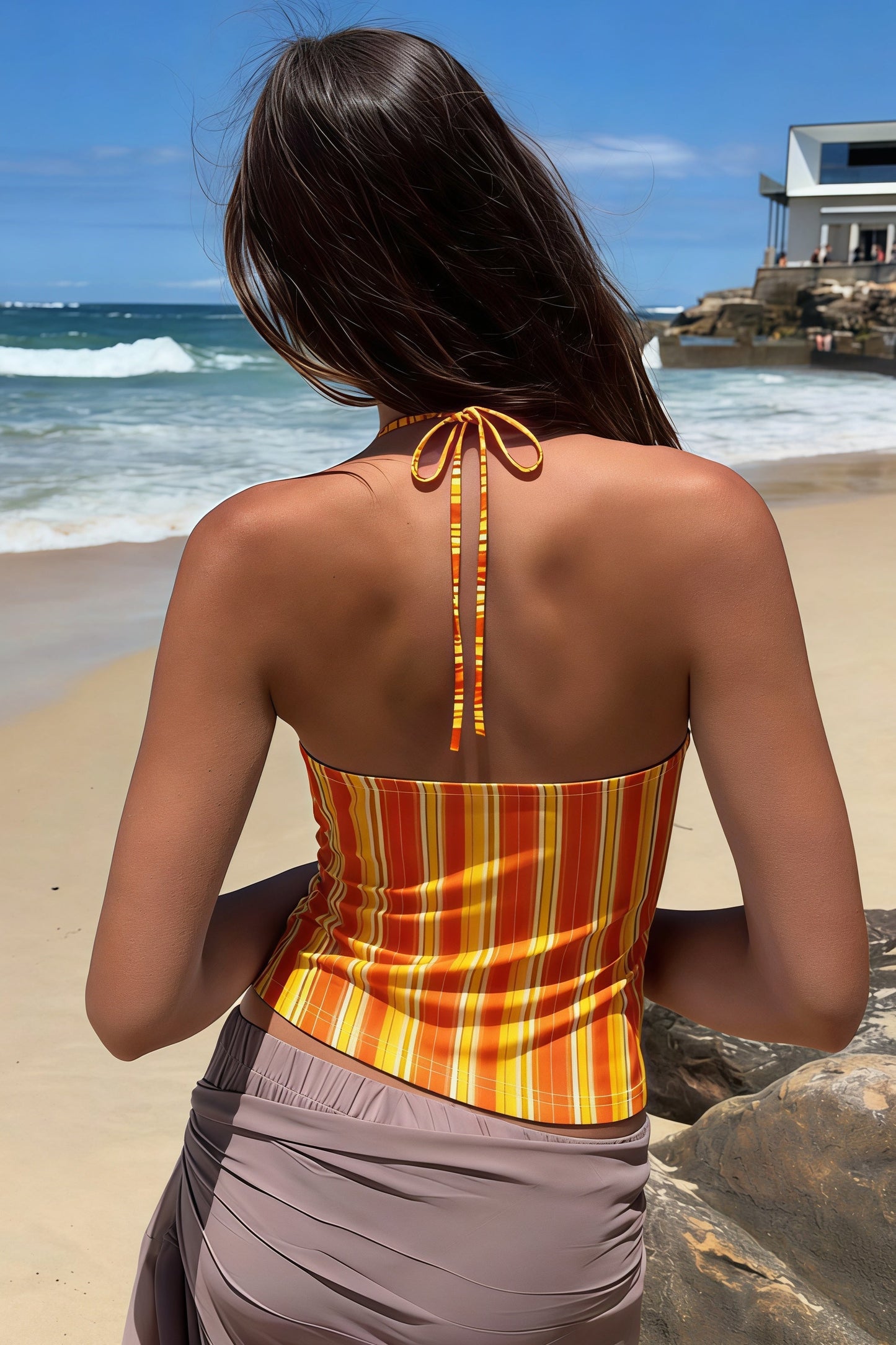 Lace Spliced Orange Striped Halter Top