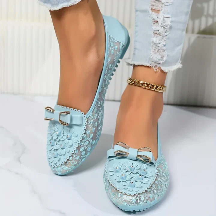 Floral Lace Embroidered Bow Buckle Round Toe Ballet Flat