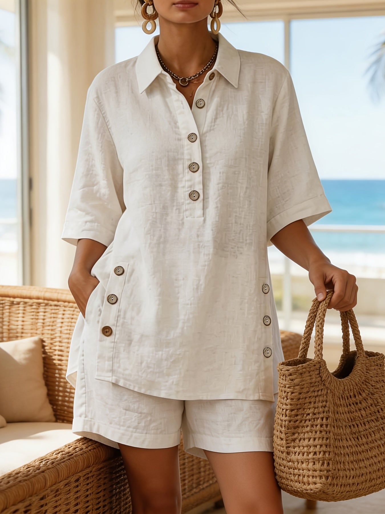 Linen Button Detail Collared Top and Short Set