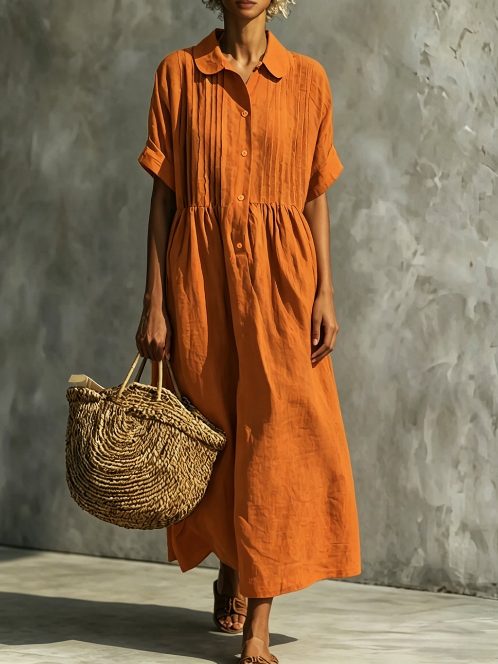 Pintuck Collared Casual Shirt Dress