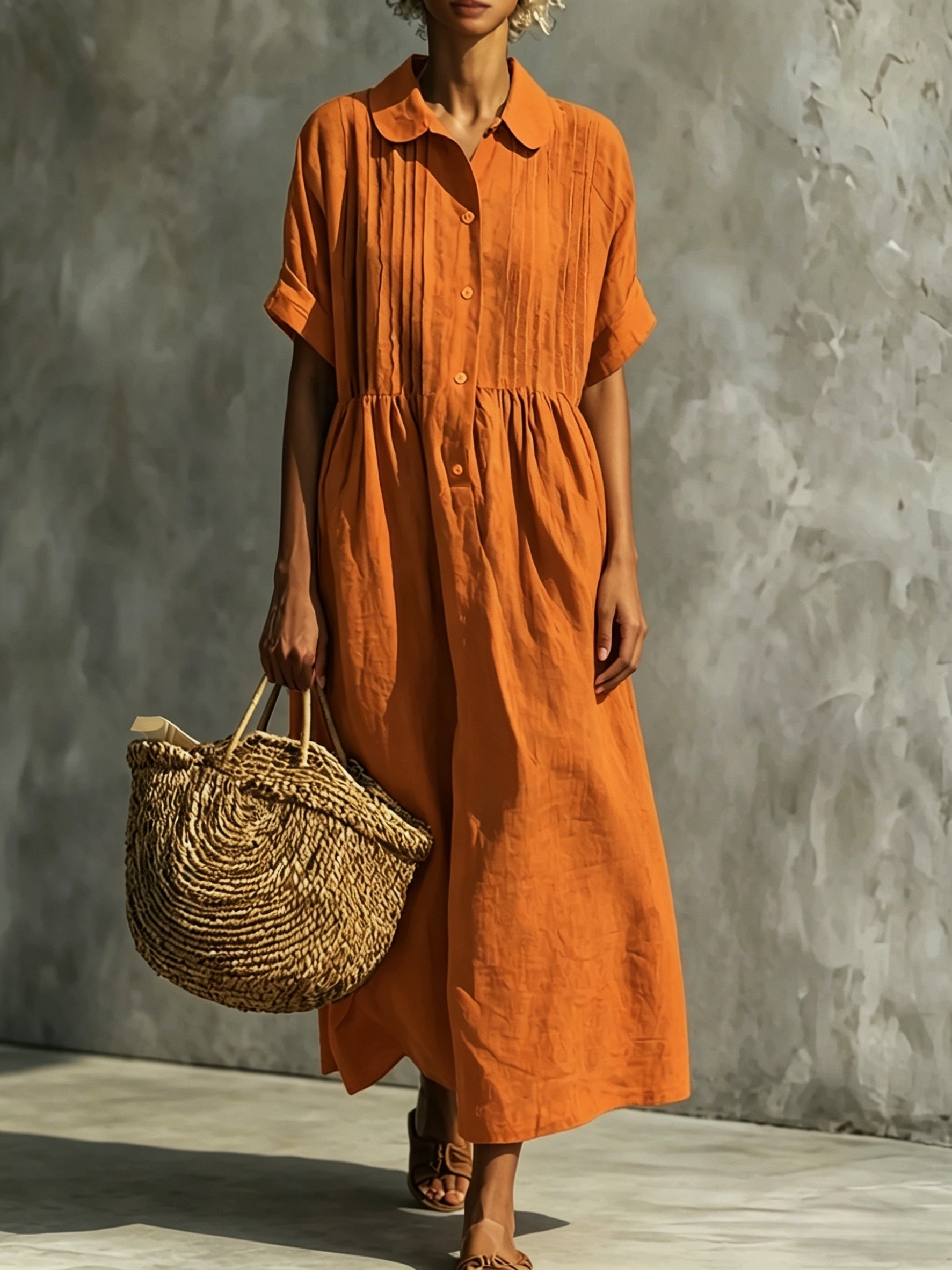 Pintuck Collared Casual Shirt Dress