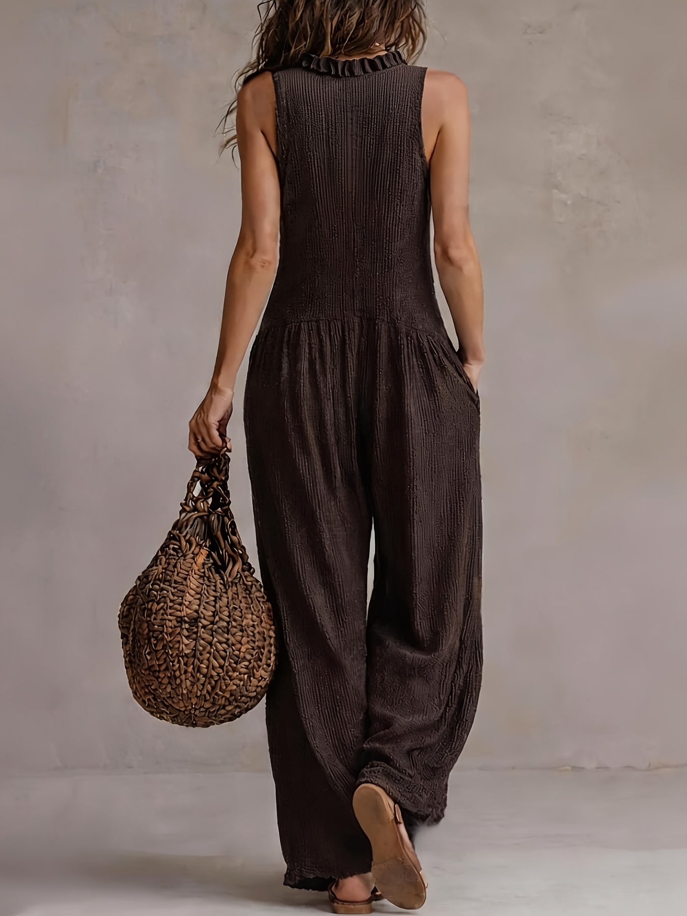 Ruffle V Neck Button Front Smocked Waist Wide Leg Jumpsuit