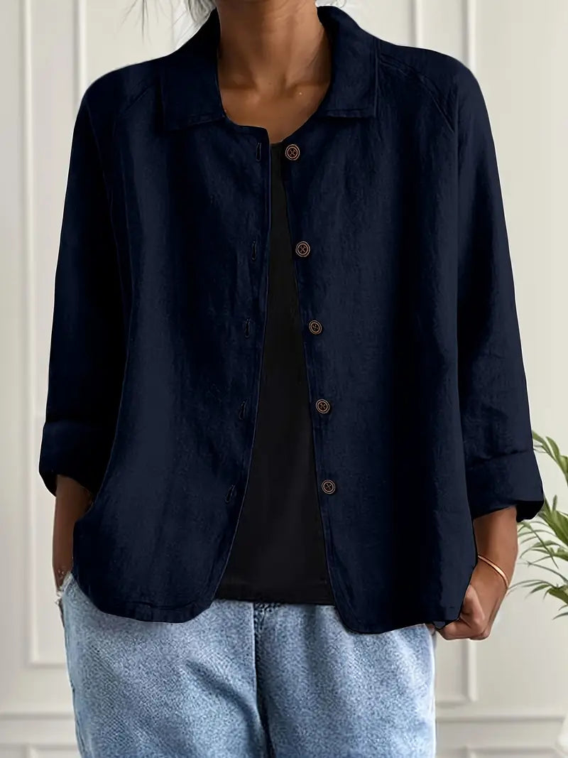 Textured Button Front Collared 3/4 Sleeve Linen Blazer
