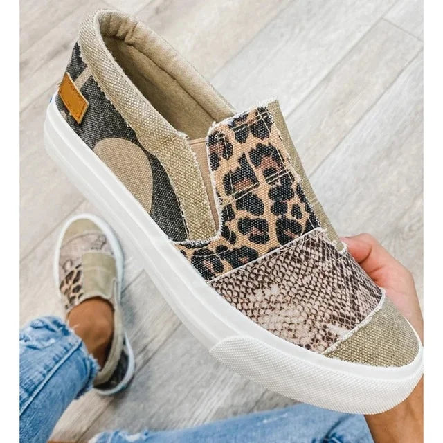 Casual Pieced Raw Edge Animal Print Canvas Slip-On Flats