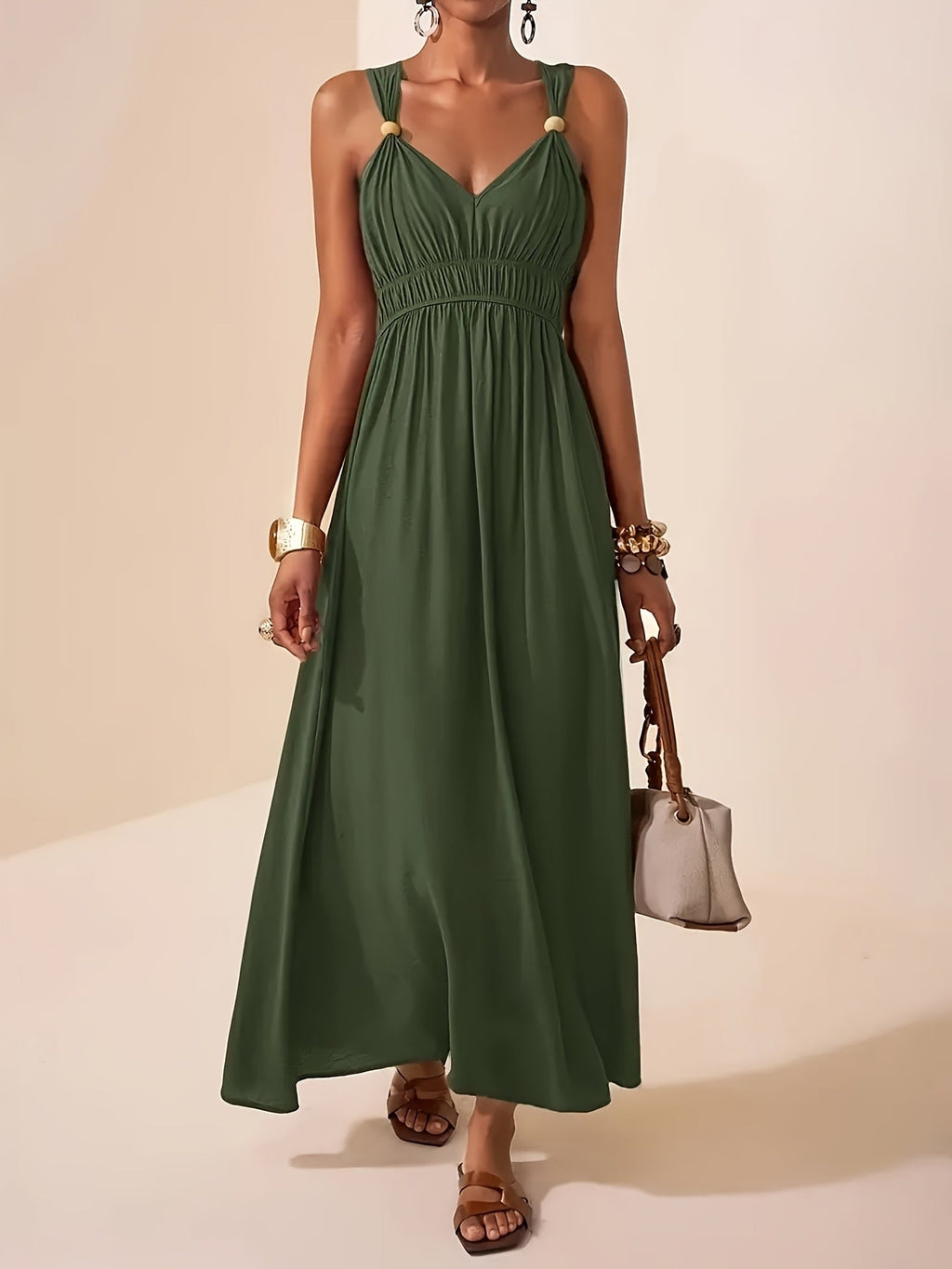 Gold Ring Strap Ruched Bust V Neck Flowy Maxi Dress