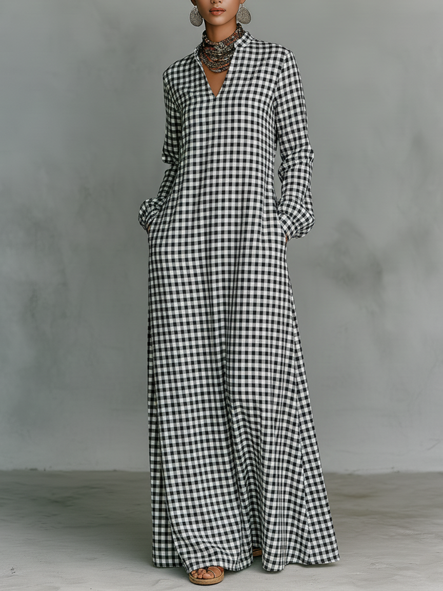 Gingham Check V Neck Long Sleeve Casual Maxi Dress