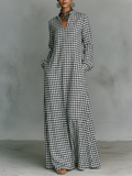 Gingham Check V Neck Long Sleeve Casual Maxi Dress
