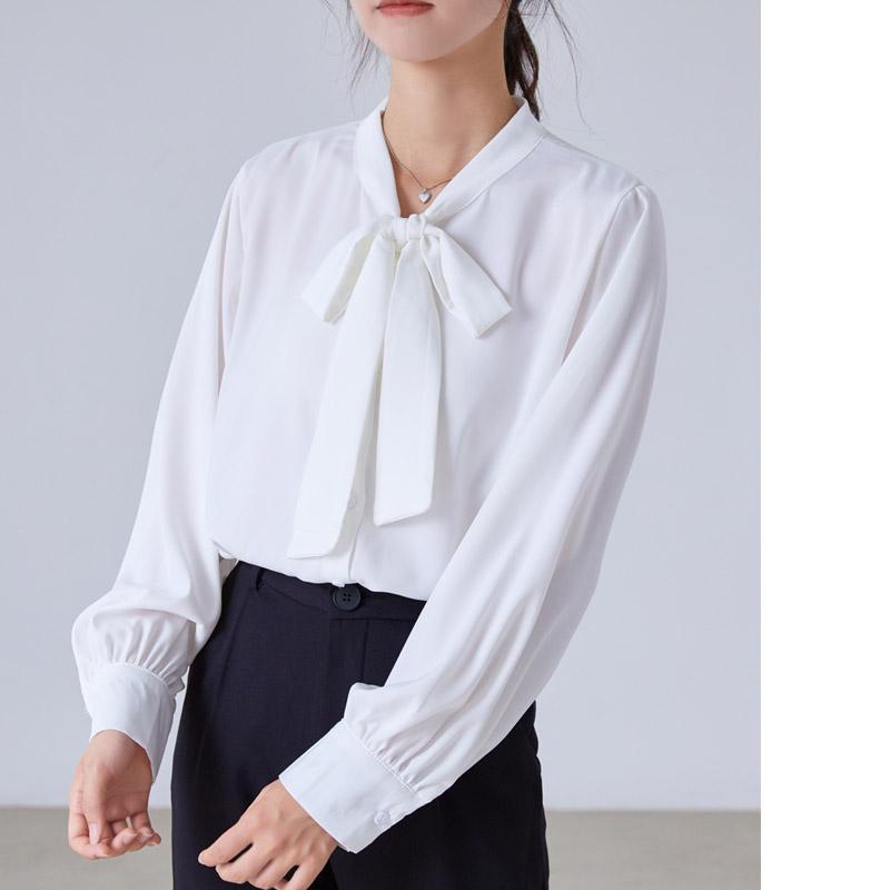 Satin Champagne Ribbon Long Sleeve Professional Woman Blouse