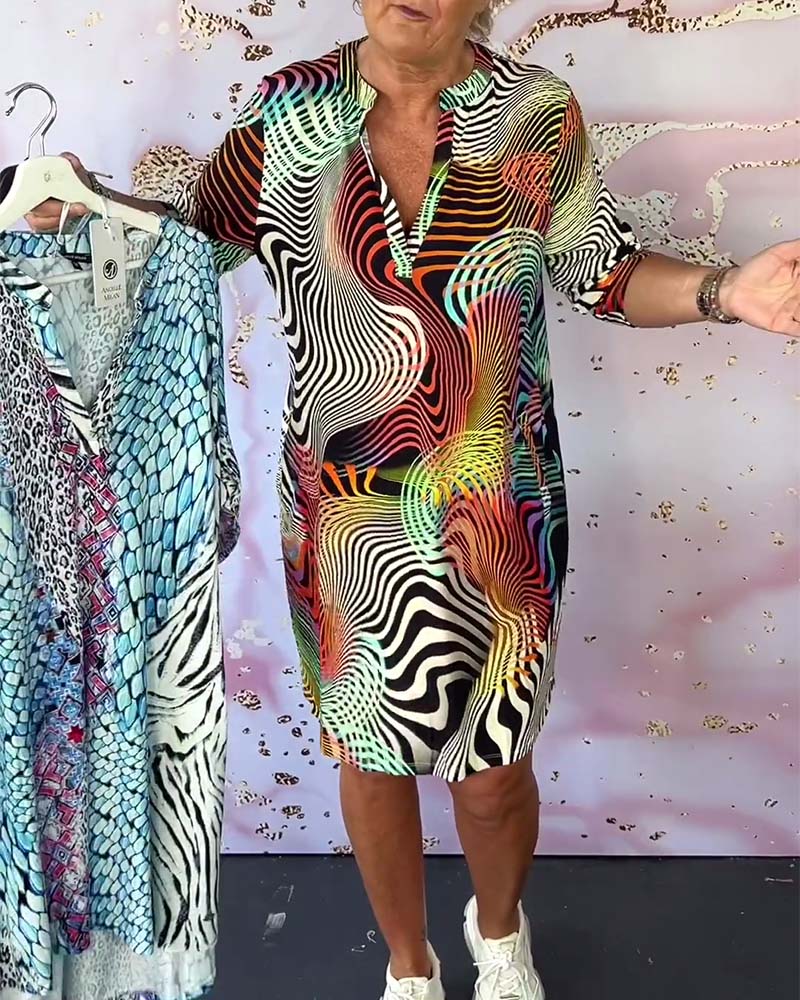 Abstract Wave Print V Neck Half Sleeve Casual Shirt Dress