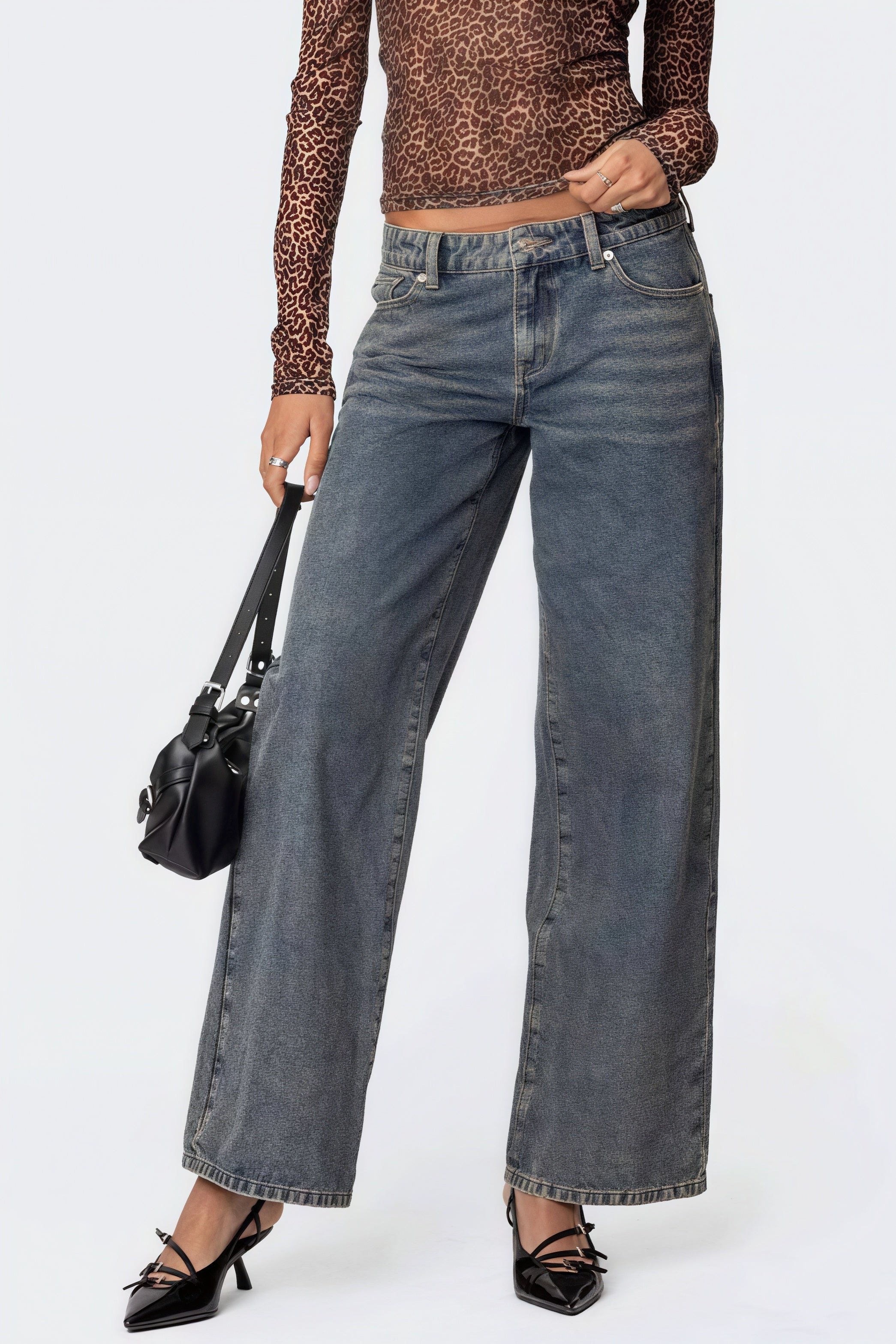 Heart Leopard Low Waist Straight Jeans