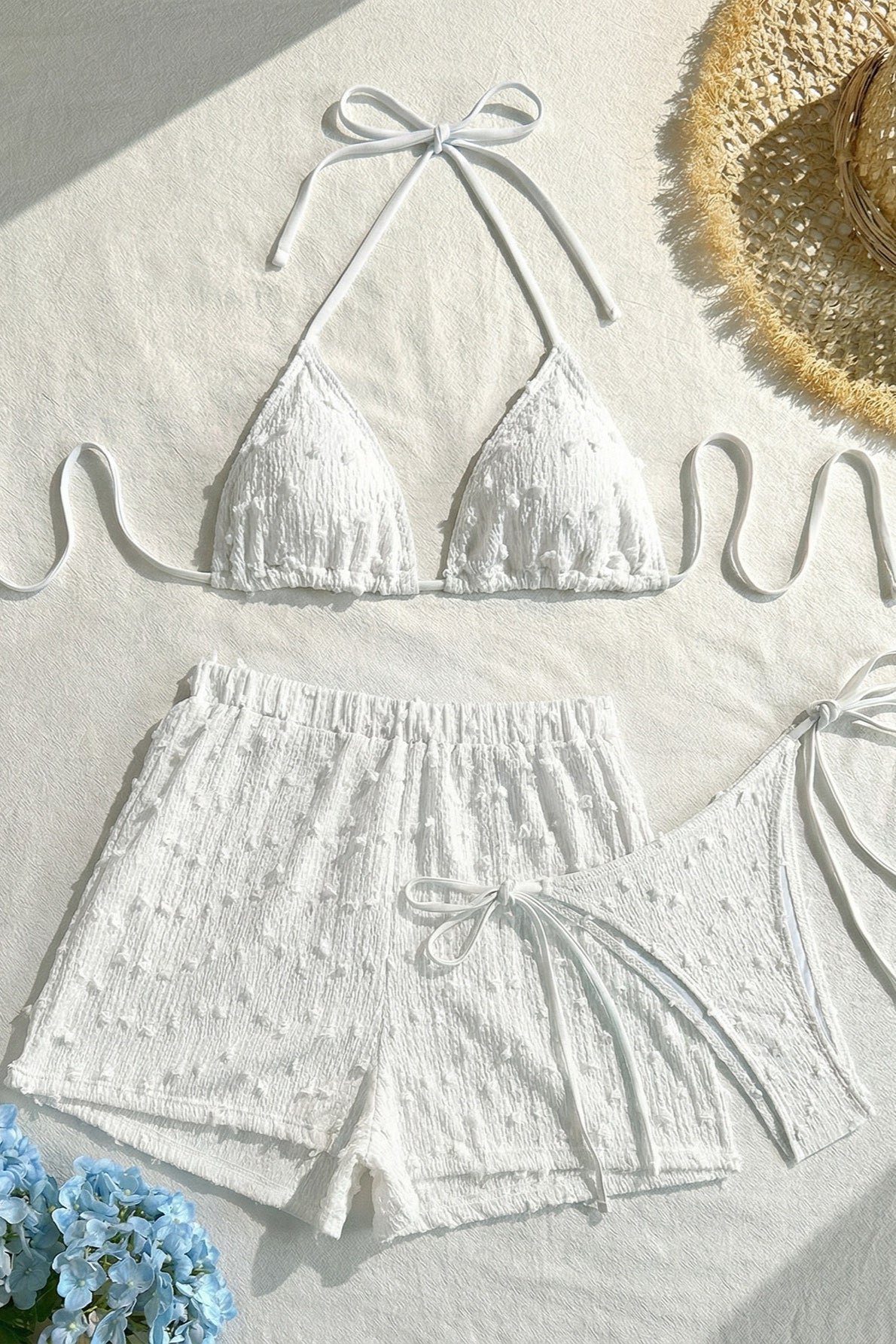 Solid Halter Lace Up Three Piece Swim Set