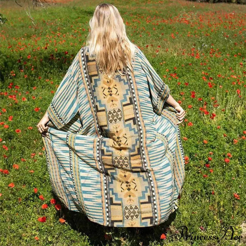 Fabric Ethnic Print Kimono Cardigan Boho Seaside Cover up