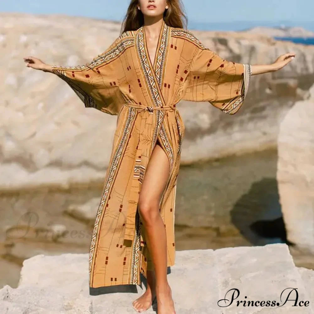 Fabric Ethnic Print Kimono Cardigan Boho Seaside Cover up