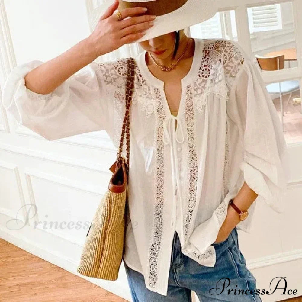 Fabric Flower Stitching Ivory Lace V-Neck Bohemian Top