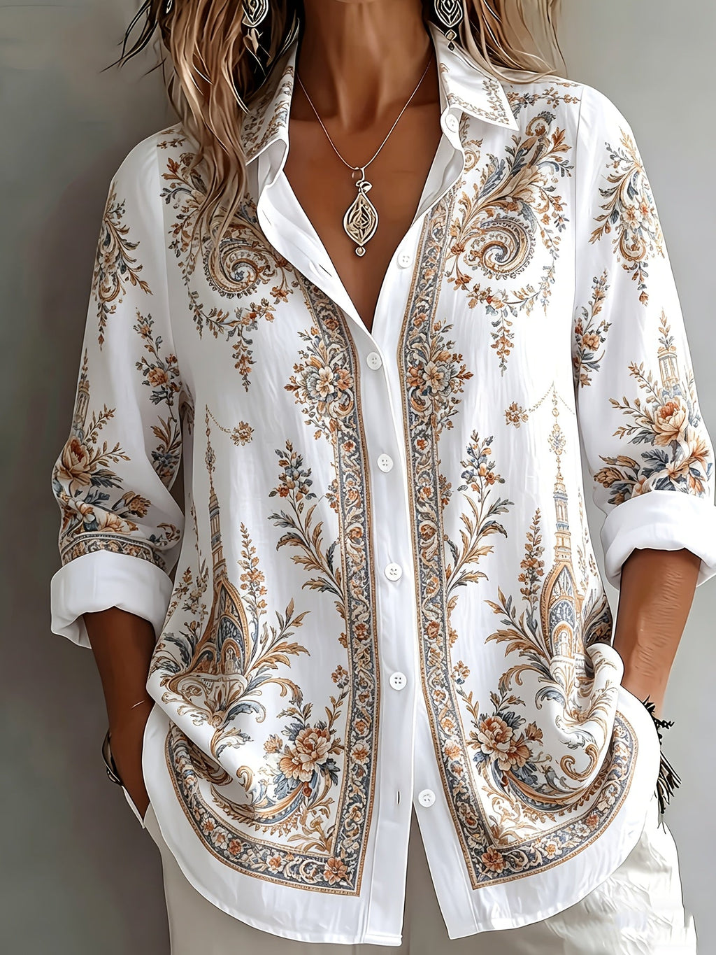 Floral Paisley Print Long Sleeve Oversized Casual Blouse