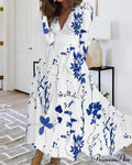 Fall Deep V-neck Blossom Pattern Long Floral Dress