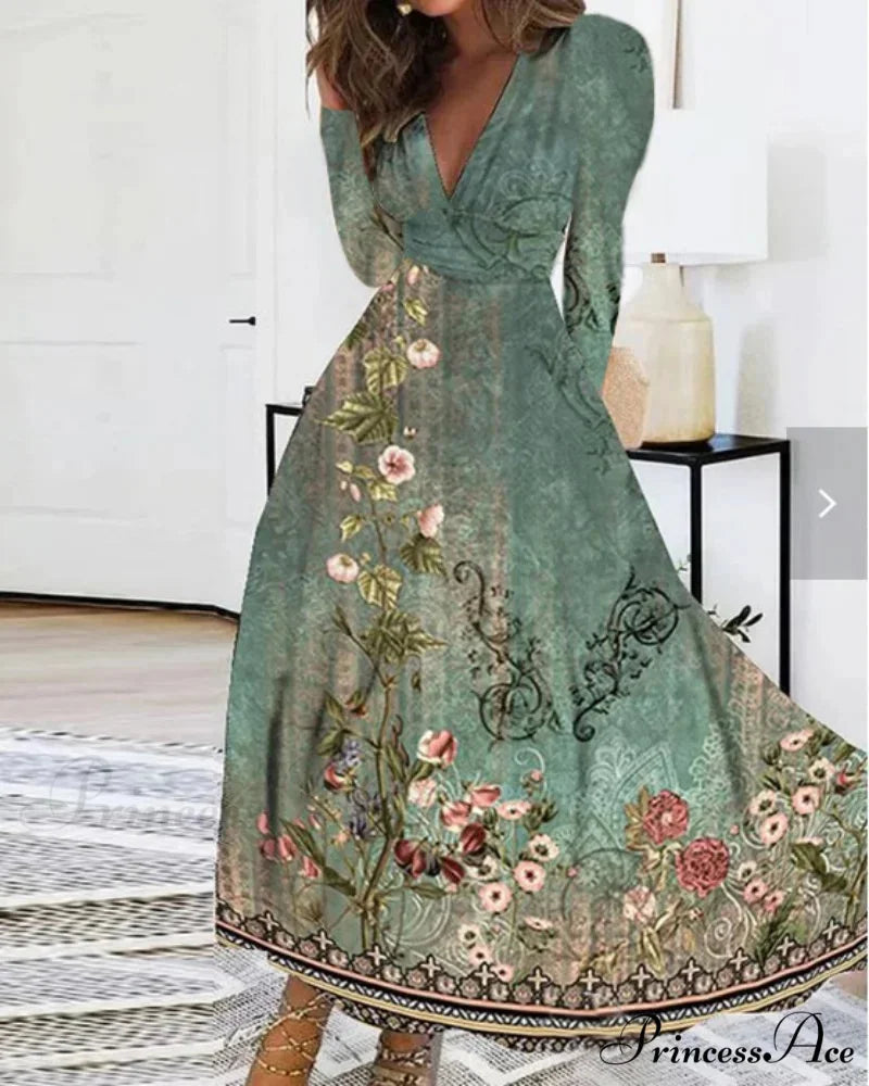 Fall Deep V-neck Blossom Pattern Long Floral Dress