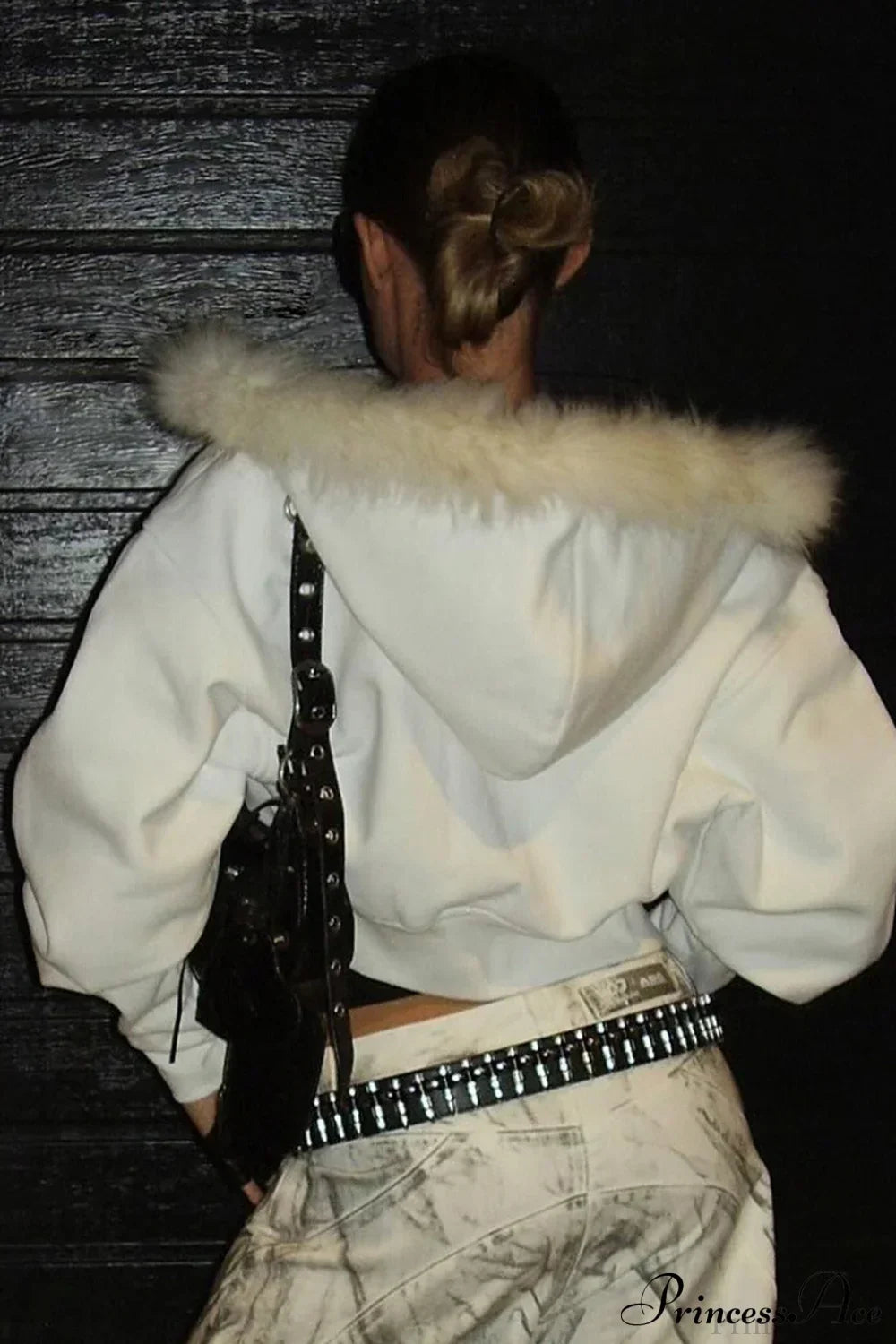 Woman wearing Cropped Fleece Hoodie with Fur Collar from Hicosy — view 4